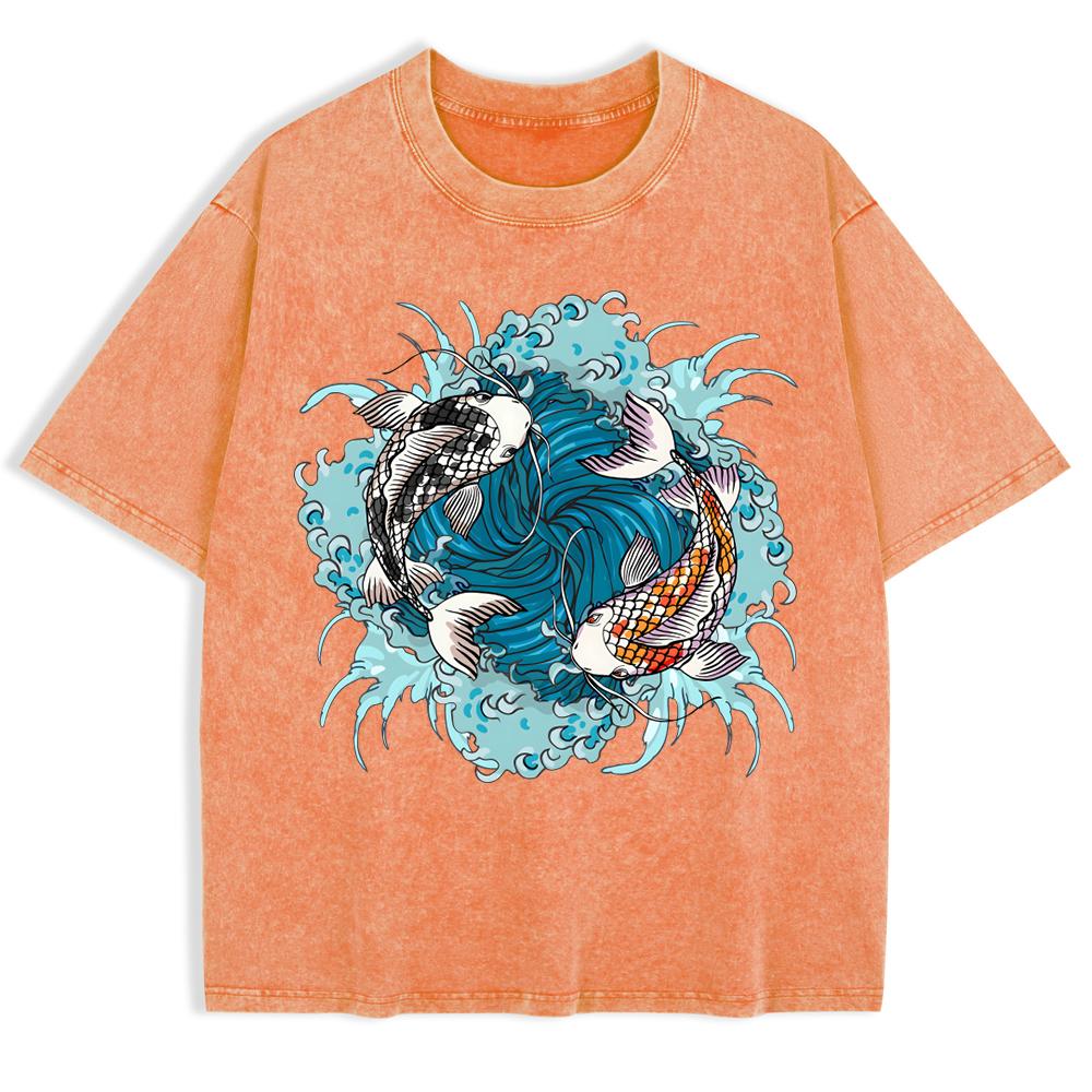 Japanese Koi Harajuku Printed Washed T-Shirts Mens Cotton Short Sleeve Tops Summer O-Neck Oversized T Shirts Clothes