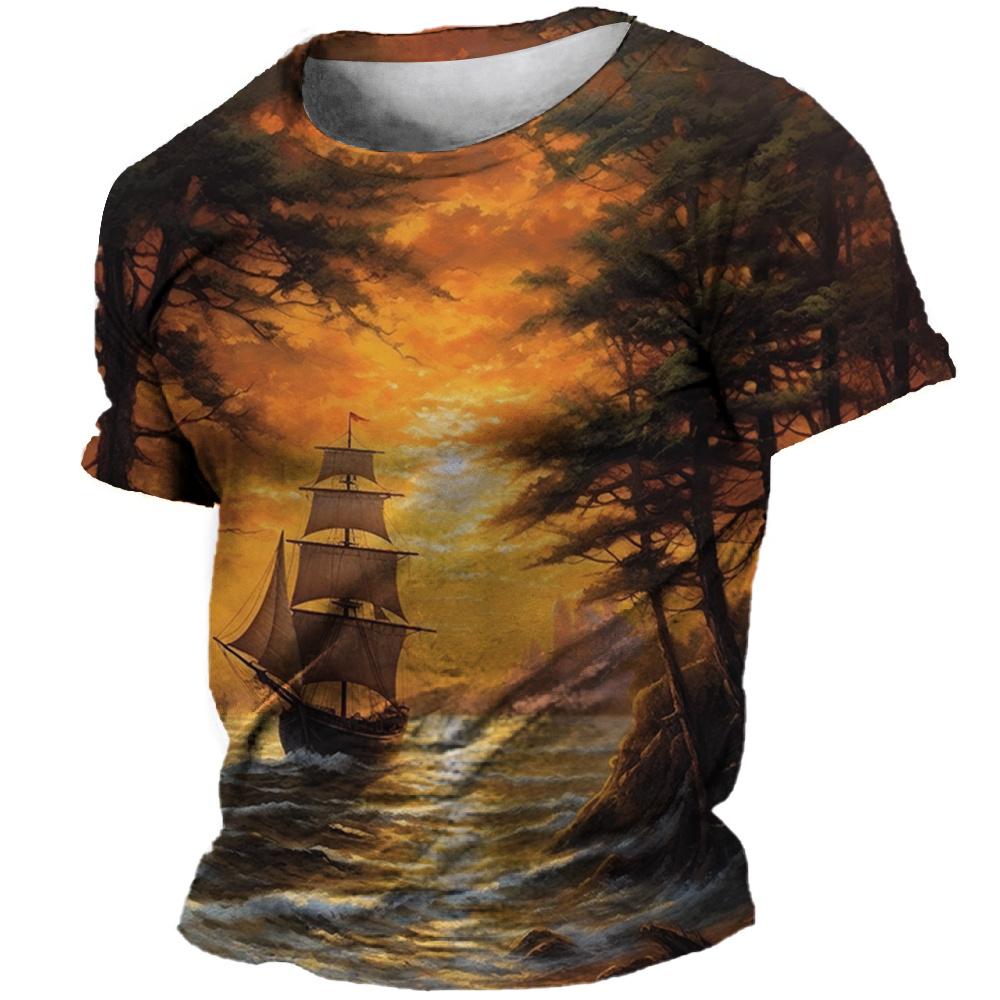 Vintage T-Shirts Guitar Sailboat 3D Printed Streetwear Men Short Sleeve T Shirt