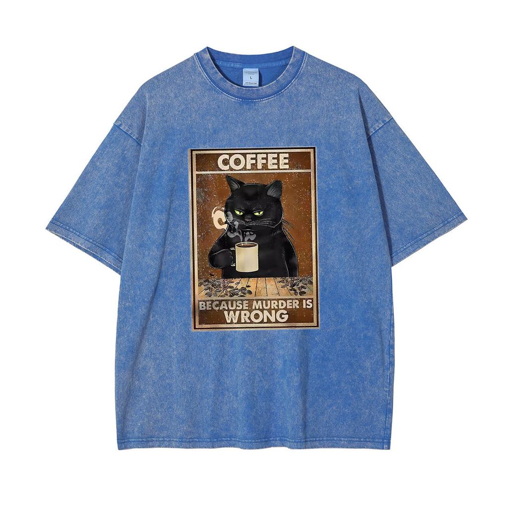 Men Oversized T Shirts Because Murder Is Wrong Black Cat Drink Coffee Clothing Y2K Street Breathable Cotton Streetwear T-Shirt