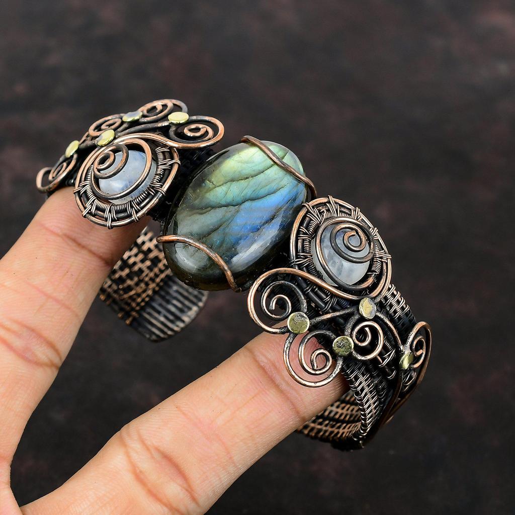 Labradorite Cuff Bracelet Copper Wire Wrapped Bangle Rainbow Moonstone Bangle Gemstone Adjustable Cuff Handmade Copper Jewelry Gift For Him