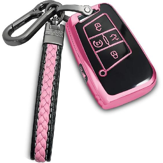 for Volkswagen key fob cover with metal/leather keychain,TPU 5 Buttons Key case,compatible with Tiguan Atlas Jetta Passat Golf Alltrack Remote smart