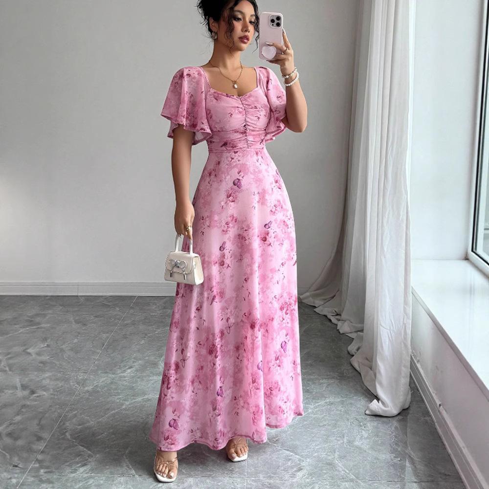 

Pink Floral Maxi Dress with Ruffles and Puff Sleeves, Elegant Long Dress for Women S рожевий