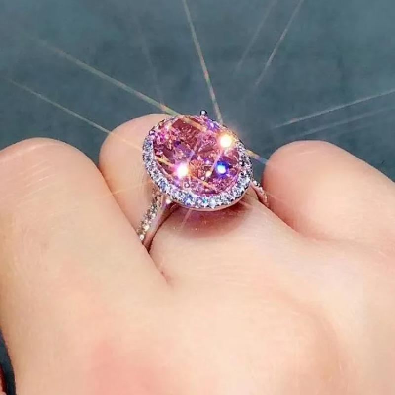 Milangirl Fashion  Ring Simple Geometric Oval Moissanite Inlaid Pink Zircon Ring For Women Temperament Girl  Hot Sale