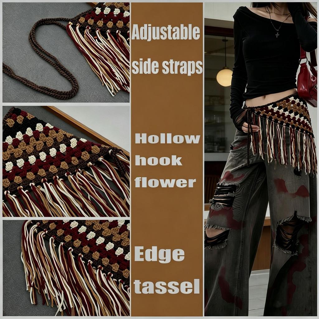 Bohemian Crochet Tassel Waist Scarf Adjustable Fringe Layering Accessory for Women