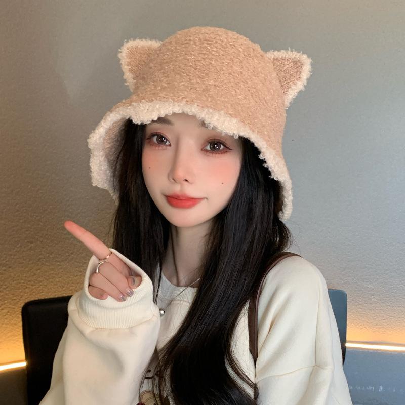 

Корейская версия универсальная осенне-зимняя новая женская милая шапка-ведро с медвежьими ушками из искусственной овечьей шерсти, бархатная теплая волнистая шляпа-панама [Good quality]