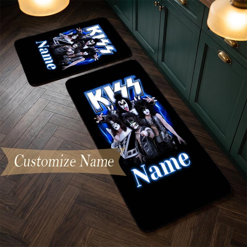 kiss band (1) Customize Name Flannel Kitchen Mat Soft Non-Slip Kitchen Floor Runner Rug for Home Kitchen Decor