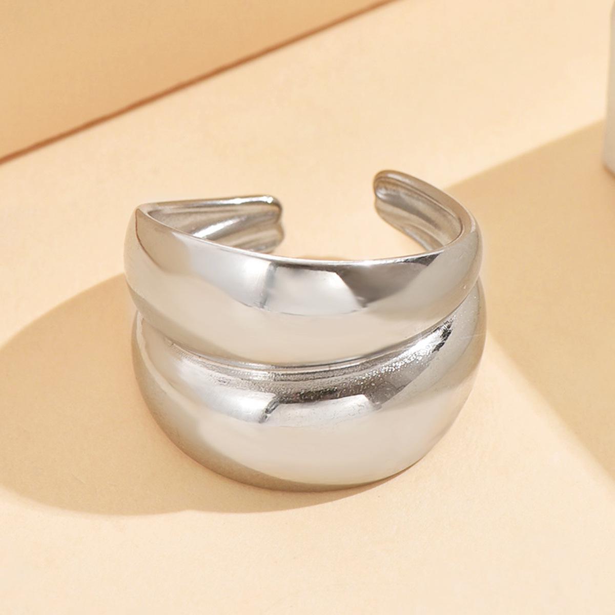 Geometric Round Drum Open Ring - Stainless Steel with Bright Metallic Finish