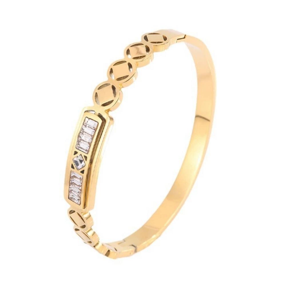 Модный браслет-денежный браслет из нержавеющей стали с инкрустацией цирконием и медью для женщин, золотой полый браслет, праздничные повседневные украшения