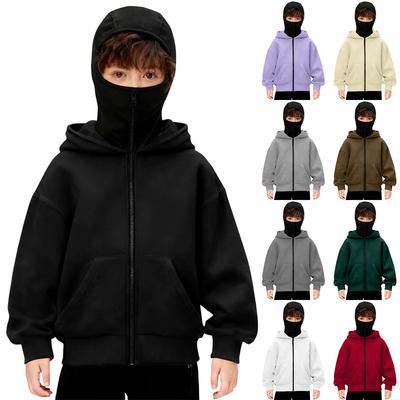 Boys Winter Hoodie Sweatshirt With Face Mask Zip Up Windproof Warm Sports Jacket With Pockets Casual Hooded Coats