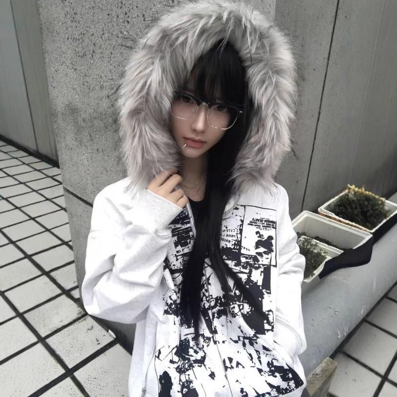Womens Oversized Hooded Zip-Up Sweatshirt With Faux Fur Trim Thick Fleece-Lined Winter Streetwear Top