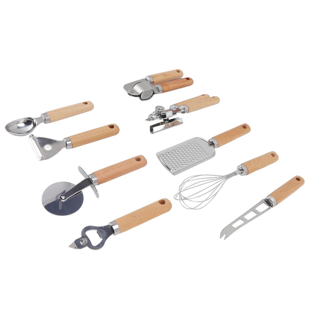 9pcs Kitchen Utensils Wooden Handle Stainless Steel Easy Cleaning Wear Resistant Colorful Package Co