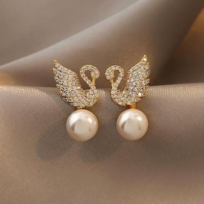 S925 Silver Needle Earrings For Women Swan Zircon Inlay Brick Ear Studs Shiny Upscale Luxury Simple Temperament Pearl Earrings