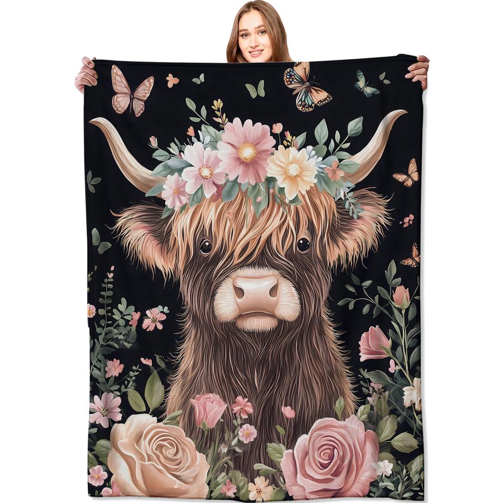 Cute Highland Cow Fleece Blanket Soft Cozy Farm Animal Flannel Throw Blanket for Farmhouse Bedroom Sofa Couch Outdoor Travel