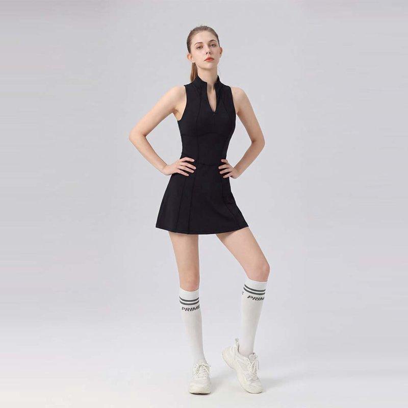 Athletic Sleeveless Tennis Dress Set with Small Stand Collar and Zipper, Quick-Dry Elastic Sports Dress Featuring Anti-Exposure Design and Bra Pads
