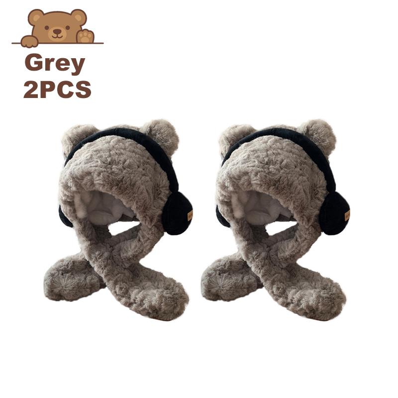 Bear with Headphone Hoodie Hat Scarf Set for Girls Winter Thickened Plush Earmuffs Warm Cap for Children Cute Outdoor Wear