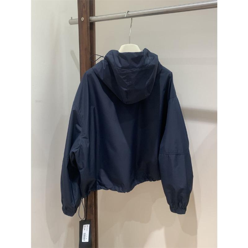 Damen Lässige Kapuzen-Windjacke Kurze Jacke Frühling Locker Geschnitten Doppelreißverschluss Buchstabenaufdruck