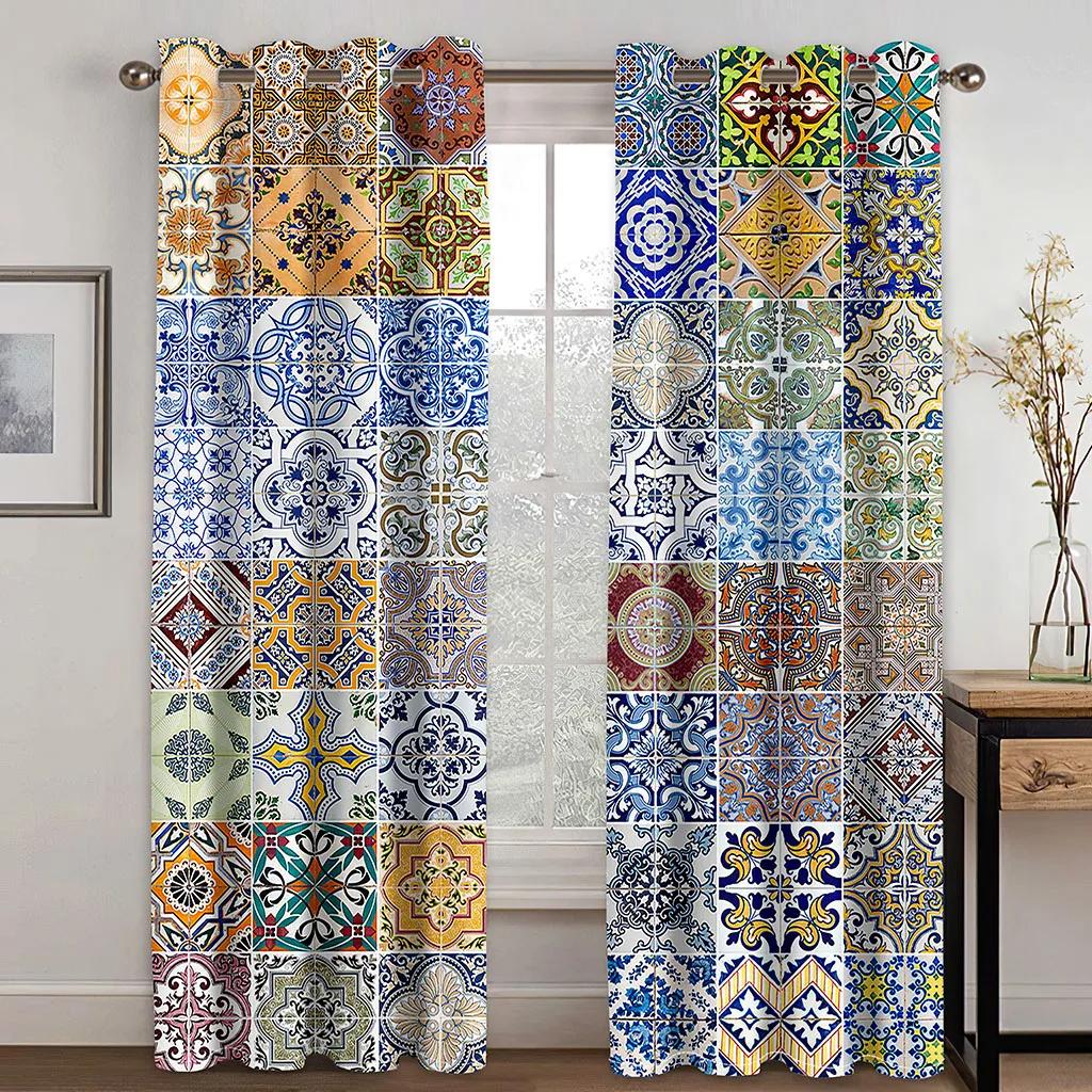 Bohemian Retro Curtain for Bedroom, Thin Polyester Sunshading Window Decorative, Boho Printing, Finished