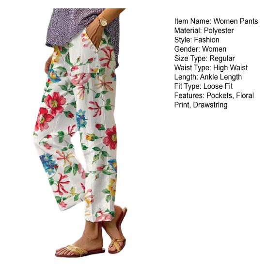 Women Casual Pants Elastic High Waist Drawstring Straight Wide Leg Pants Digital Floral Print Beach Office Daily Long Trousers