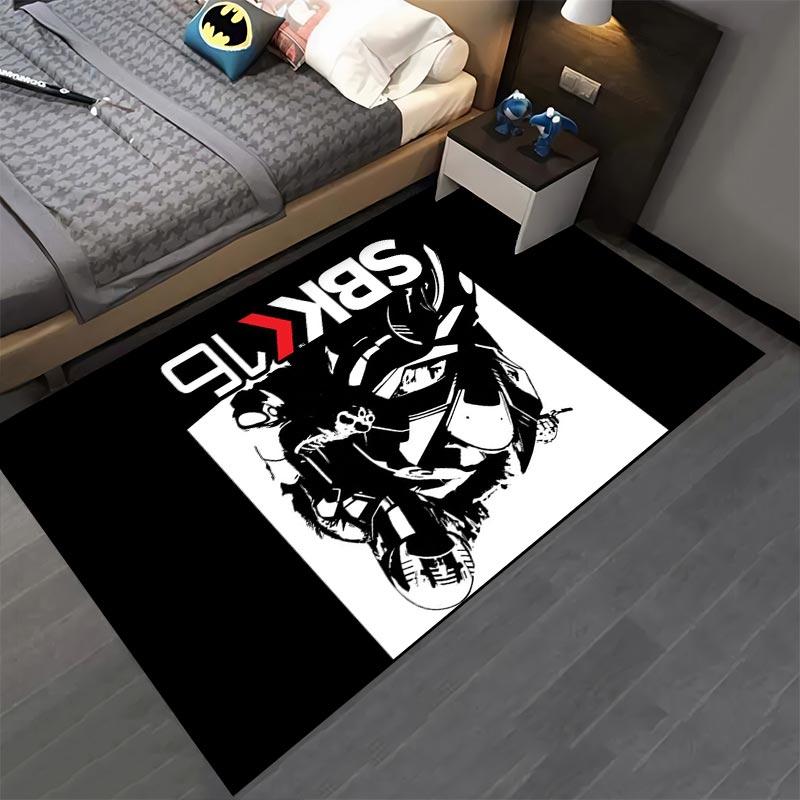 Motorcycle Racing Graphic Rug with SBK16 Text Design, Black and White Suitable for use as an anti-slip for living room bedroom sofas