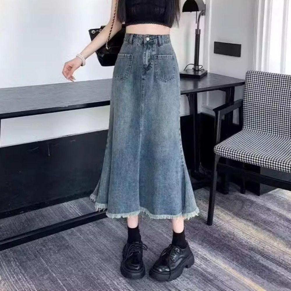 Solid Color Denim Skirt Women High Waist A-line Half Dress Simple Hairy Fishtail Skirt Daily