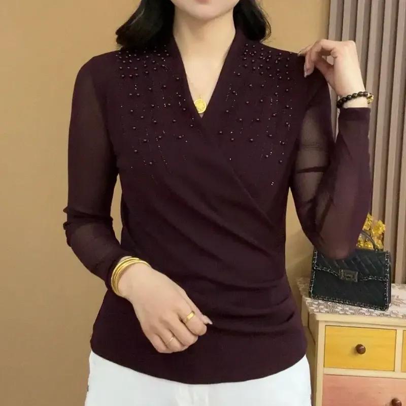 

Жіночі однотонні футболки з довгим рукавом Дизайн Сітчастий Стильний Топ з бісером з перехресним коміром 4XL