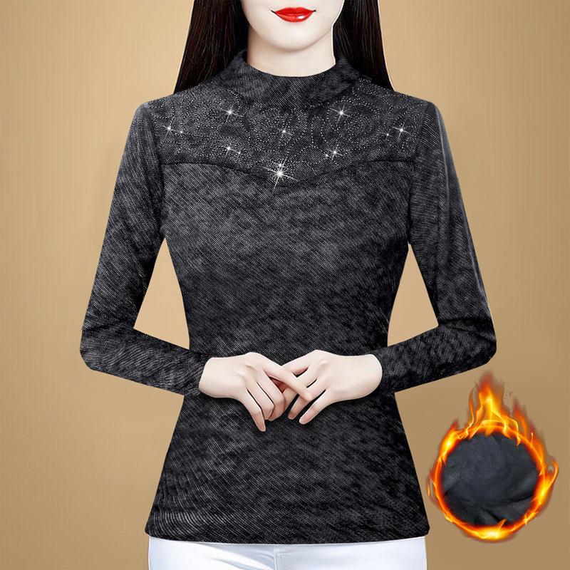 New Winter Ironing Half-high Collar Base T-shirt for Women's Slim and Fashionable Versatile Long-sleeved Top