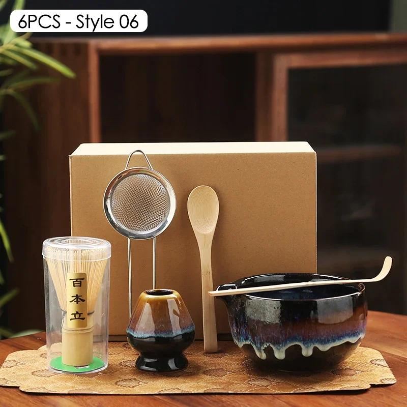 6PCS Matcha Tea Set Ceramic Matcha Bowl Bamboo Whisk Scoop Teaspoon Sifter Vintage Song Dynasty Tea Ceremony Kit