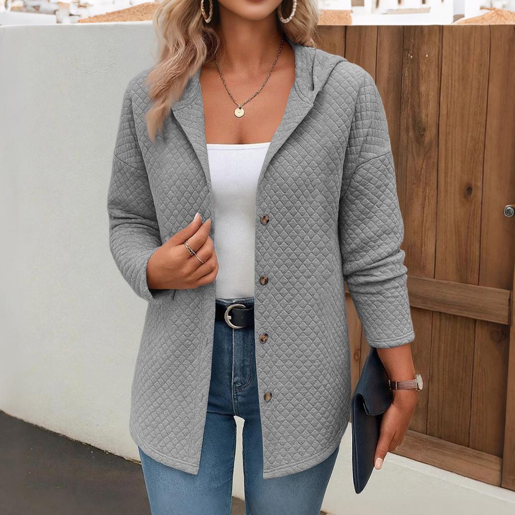 Women's Loose Fashion Plaid Solid Color Long Sleeve Cardigan Hooded Sweatshirt Jacket