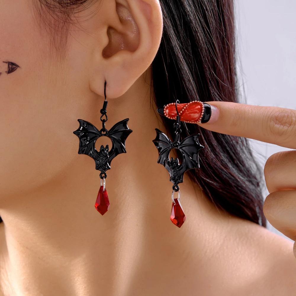 Orecchini Pipistrello Vampiro per Donna Uomo Vintage Cristallo Rosso Pendente Goccia d'Acqua Orecchino Halloween Strega Pagana Gioielli per Orecchie