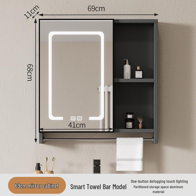 40cm x 50cm Space Aluminum Smart Mirror Cabinet with Lights & Defogging, Punch-Free Wall-Mounted for Small Bathrooms