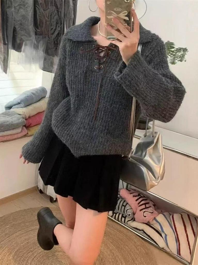 Retro Korean Lace-Up Polo Collar Women's Sweater - Autumn/Winter 2025 Collection
