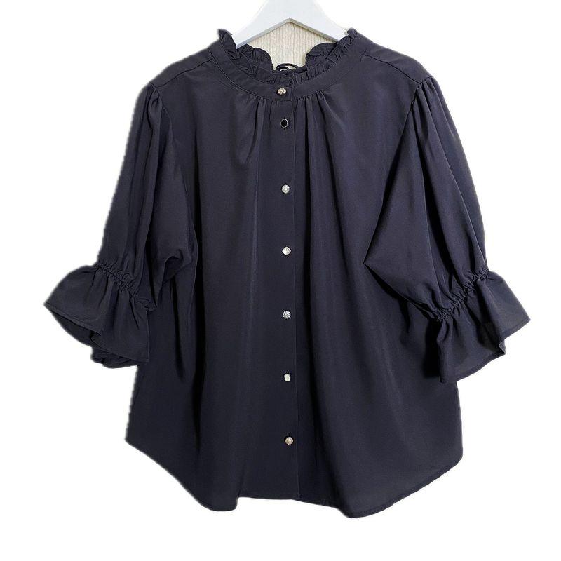 Export Export Tail Single Chiffon Wooden Ear Collar Lotus Leaf Three-Quarter Sleeve Shirt Women's Summer Stylish Temperament Commute Small