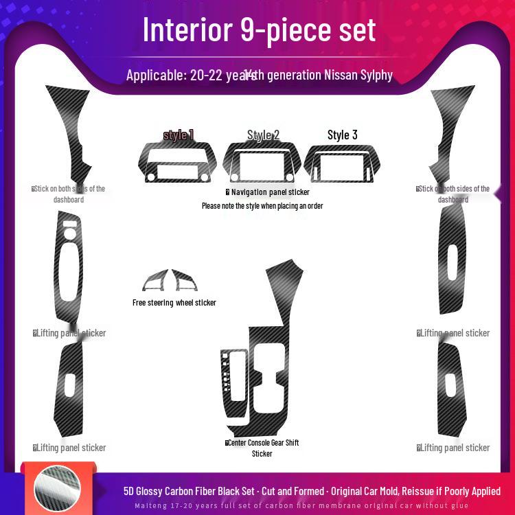 14th Gen Sylphy Interior Carbon Fiber Decals: Center Console & Anti-Kick Door Protectors (2020-2022)