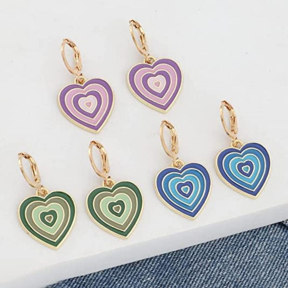 1 Pair Cute Gradient Color Heart-shaped Hoop Earring- Vintage Colorful Enamel Love Heart Dangle Drop Earring for Women Girl Teen 14K Gold Plated