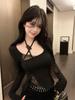 Spicy Girl Halterneck Lace Patchwork Long Sleeve Slim Fit Top - Autumn Winter