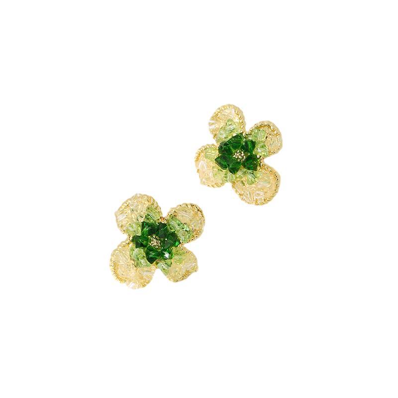 Silver needle earrings women's green earrings four-leaf clover earrings new niche flower jewelry