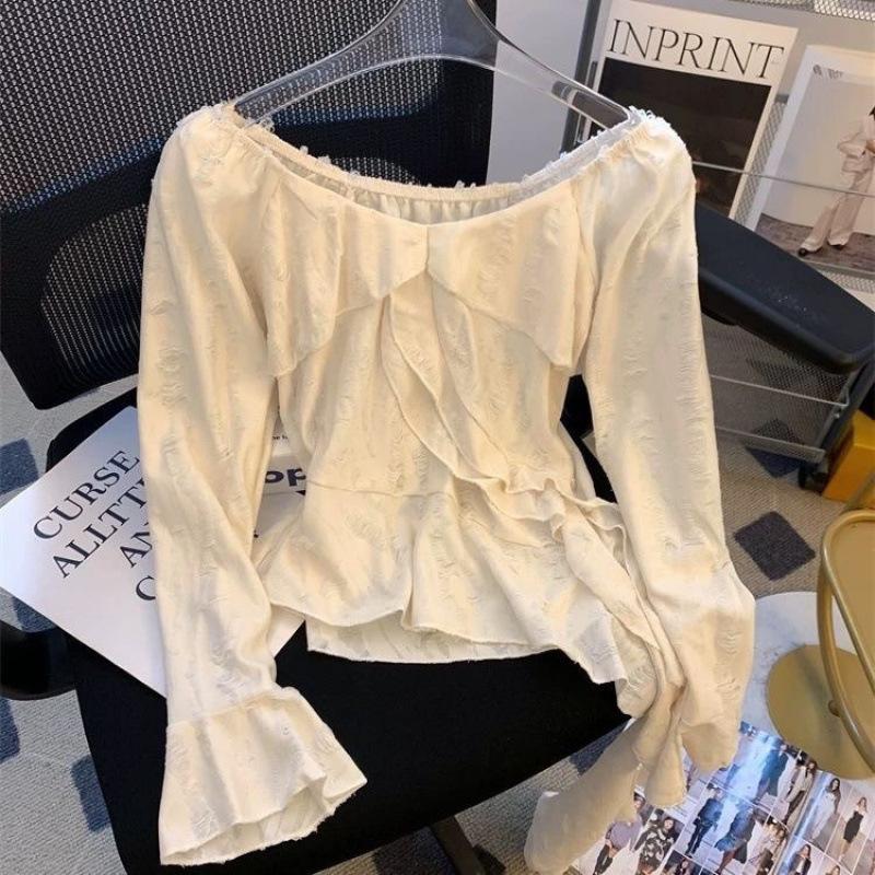Women's Retro Waist Slimming Top Lace Drawstring Loose Long Sleeve Hole Breaking Large Size Tops
