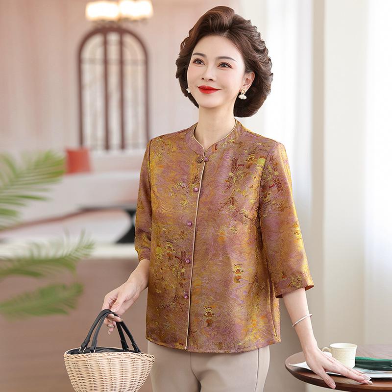 

Mom s Chic Summer Stand Collar ¾ Sleeve Shirt - Stylish T-shirt Cardigan for Middle-Aged and Elderly Women 5XL рожевий