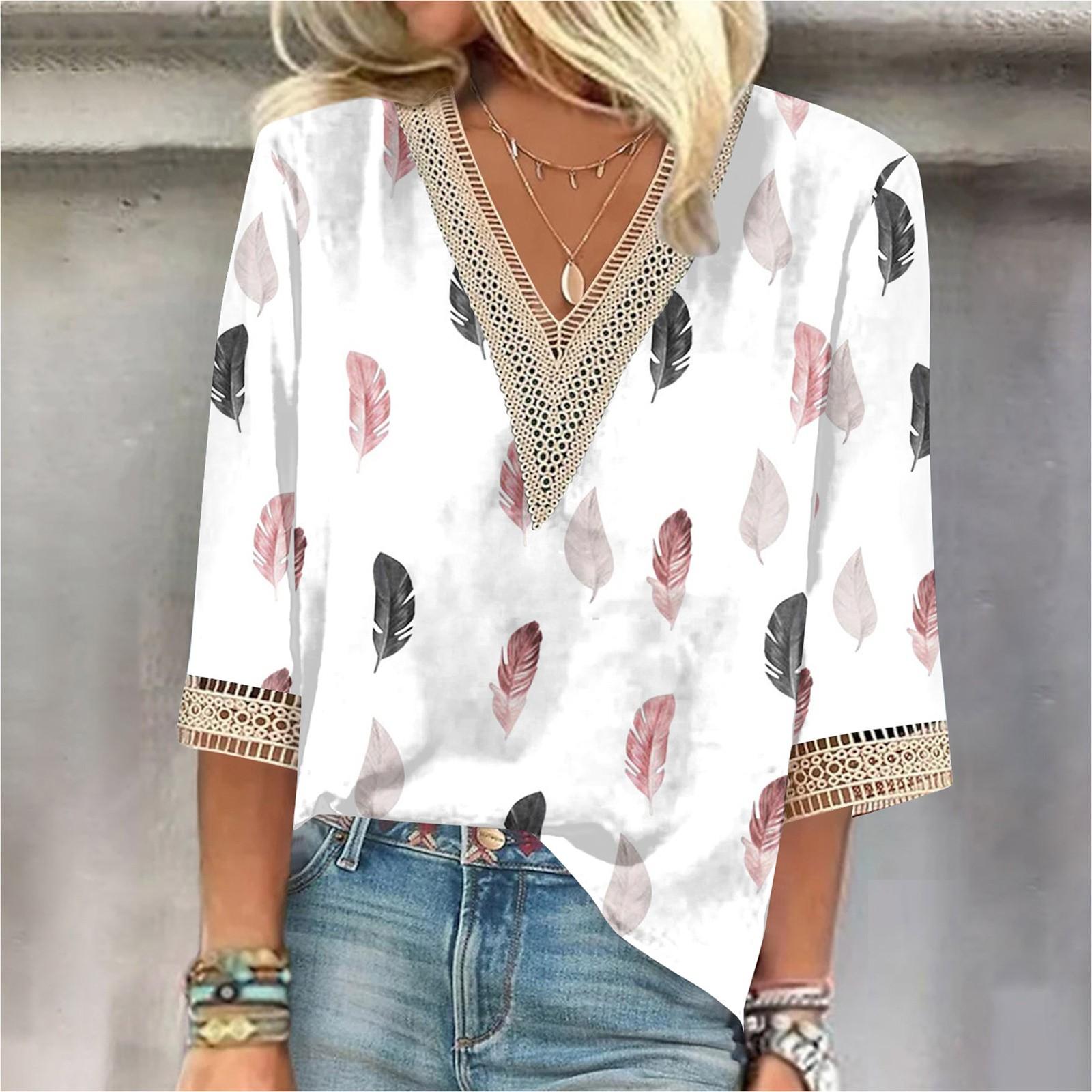 

Женская рубашка-блузка Повседневные свободные рубашки с рукавами 3/4 и кружевной отделкой Топы с v-образным вырезом и принтом Топы с принтом Футболки Футболки XL белый