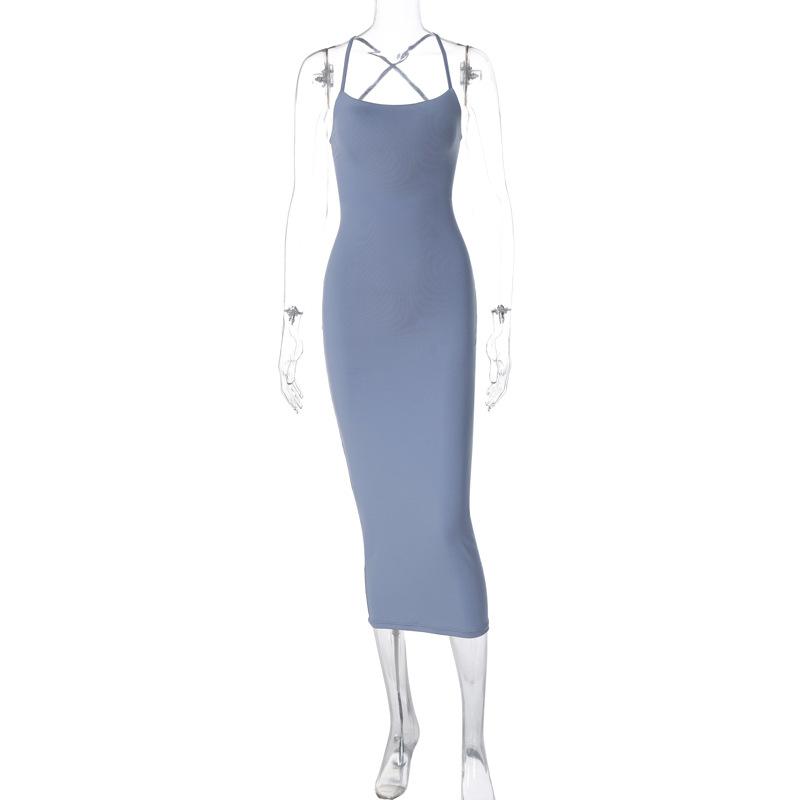 Women's 2024 Summer New Fashion and Sexy Backless Strap Slim Fit Solid Color Dress