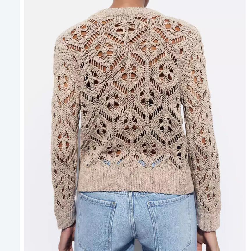 Zara Textured Mesh Solid Color Simple Long Sleeve Knit Top Women Tops Dark-Beige 6771013-731