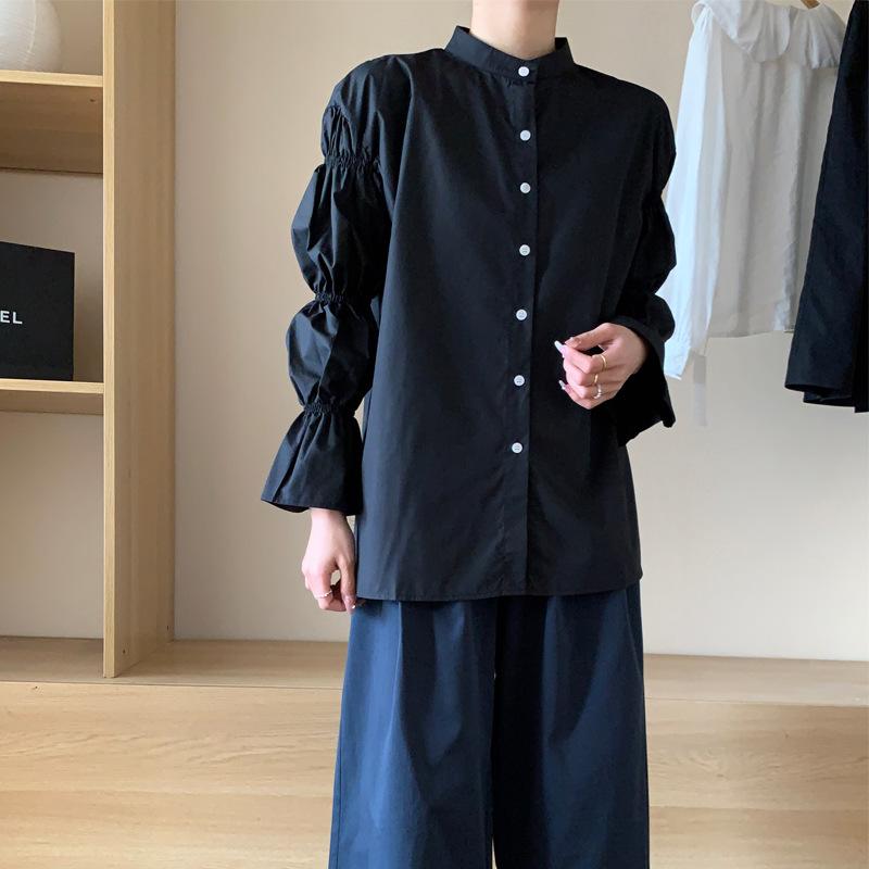 Spring and Autumn Tops Temperament Commuting Loose Lantern Sleeves Niche Design Sense Solid Color Stand-up Collar Shirt Women