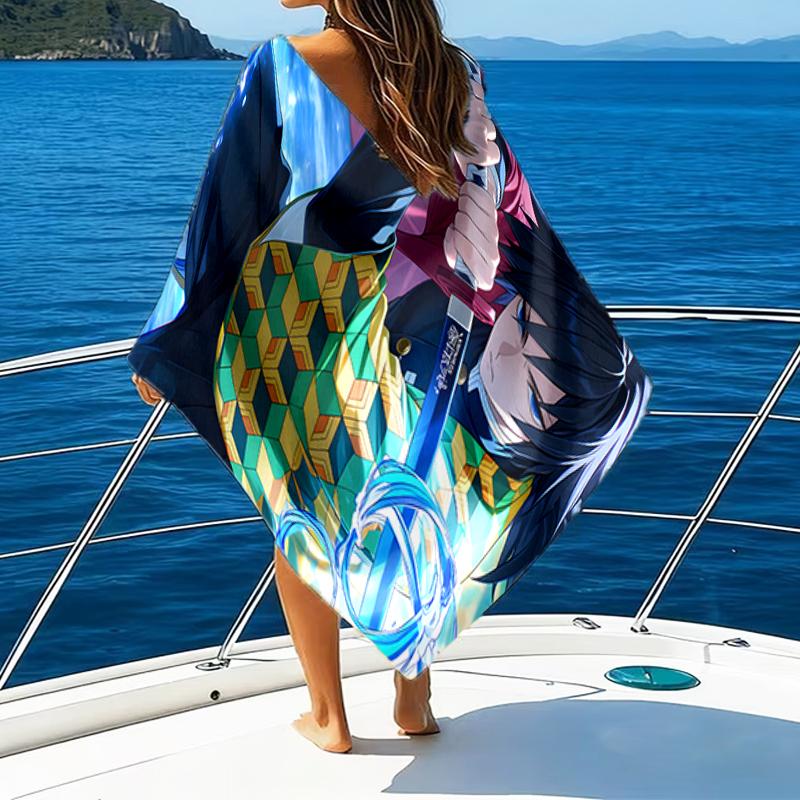 1pc Tomioka Giyuu Beach Towel, Beach and Seaside Swimming Pool Equipment, Fashion Pattern, Rectangular, Travel Essentials