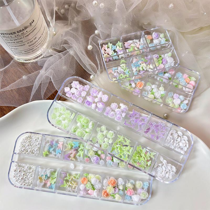 6/12 Grids 3D Camellia Rose Flower Nail Art Charms Mixed Floral Butterfly Pearl Nails Decor For Diy Crafts Manicure Accessory