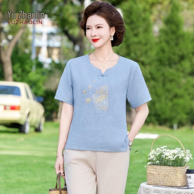 YUZHAOLIN Women s Summer Chinese Style Embroidered Short Sleeve T-shirt Set 4XL