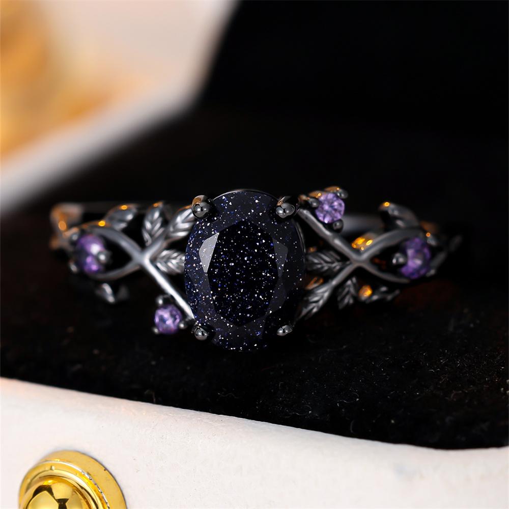Oval Stone Blue Crystal Purple Zircon Rings For Women Vintage Black Metal Engagement Ring Wedding Jewelry Bridal Birthday Gifts