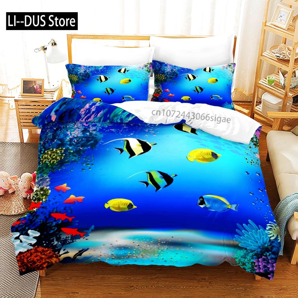 The Underwater World Bedding Set Single Twin Full Queen King Size Fish Bed Set Aldult Kid Bedroom Duvetcover Sets 3D Print 014