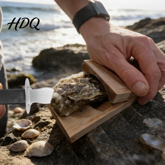 Portable Seafood Sheller Oyster Shucker Cutter with Clamp Stainless Steel Blade And Ergonomic Durable Shucking Kit Wood Base Design Non-slip Opener