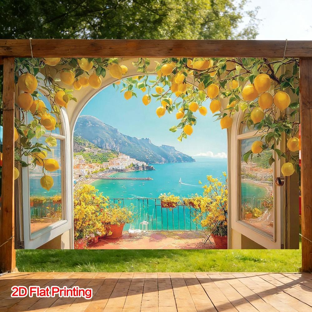 2D plane, (2D plane) 1 piece Amalfi Coast Lemon Landscape Photography Background Fabric, polyester fabric 100x150cm