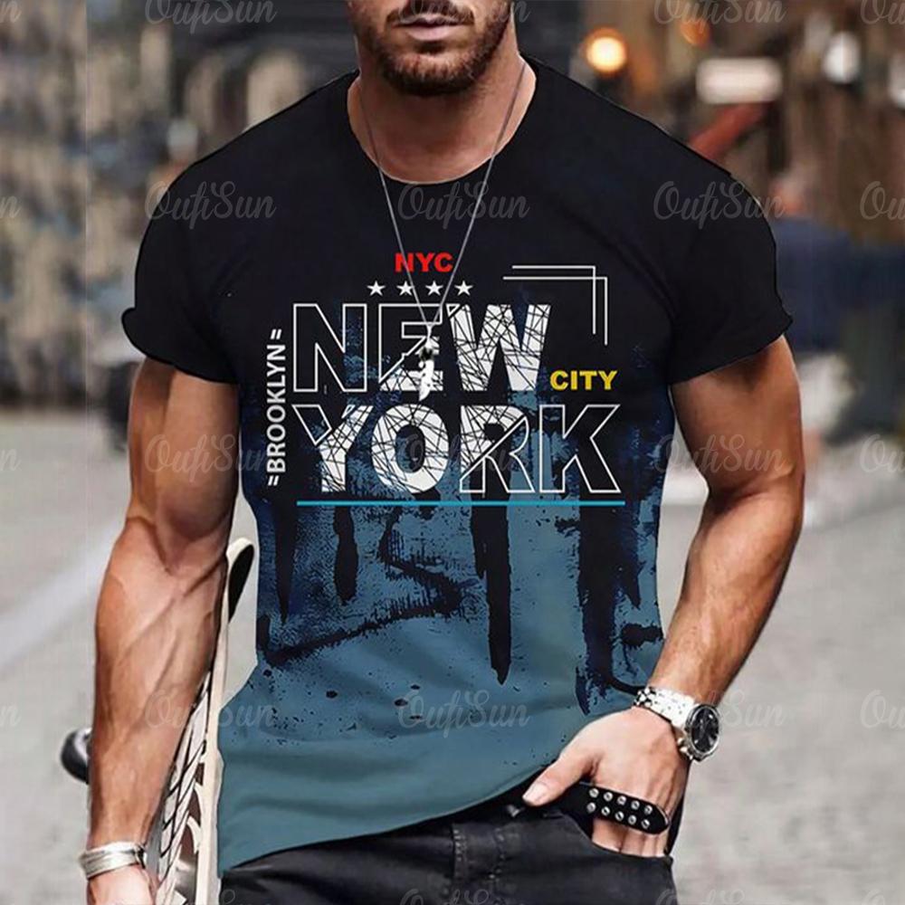 New York Printed T-Shirt For Men Casual Street Men's Clothing Loose Round Neck Short Sleeved Tops American Oversized T-Shirt XL